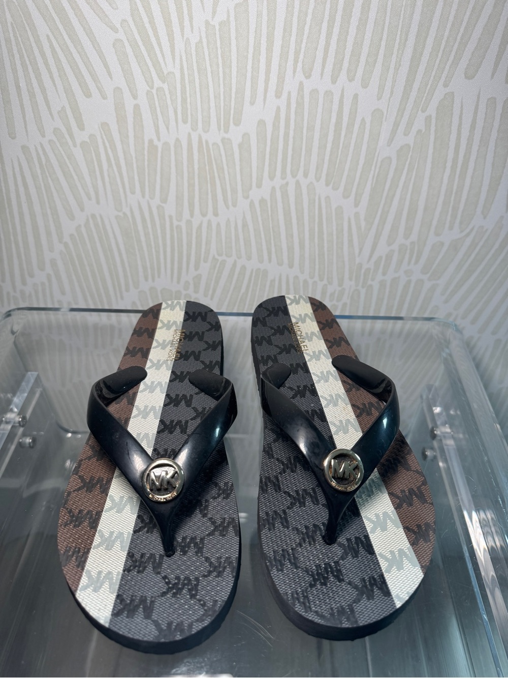 Michael Kors Black and Brown MK Logo Stripe Flip Flops